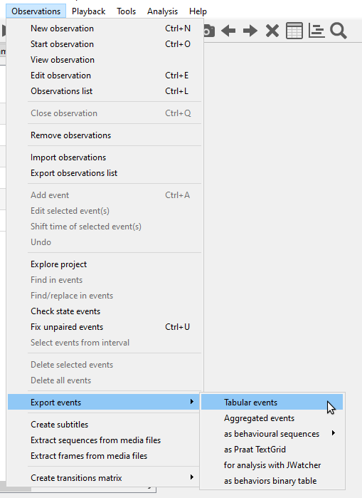 Export tabular menu